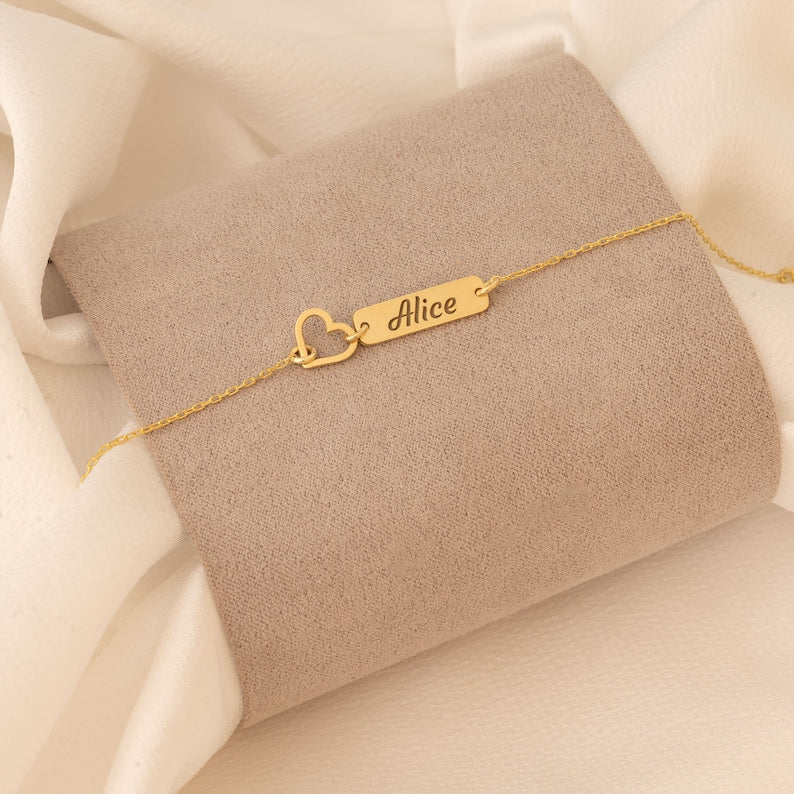 Custom Name Bar Bracelet with Hollow Heart Detail Minimalist Jewelry