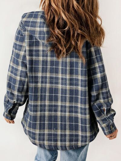 Plush Plaid Snap Down Hooded Jacket Cozy Warm Casual Outerwear