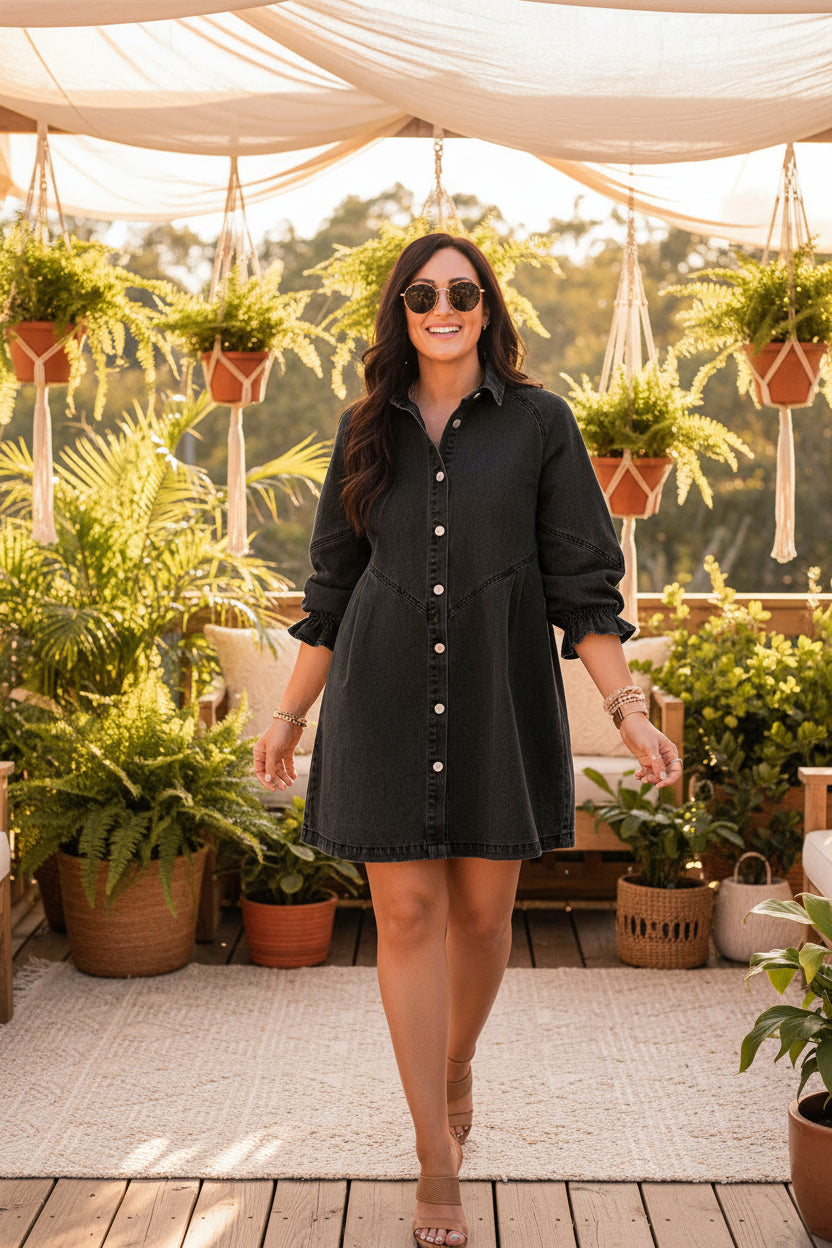 Women's Denim Mid-Length Dress with Three-Quarter Sleeves