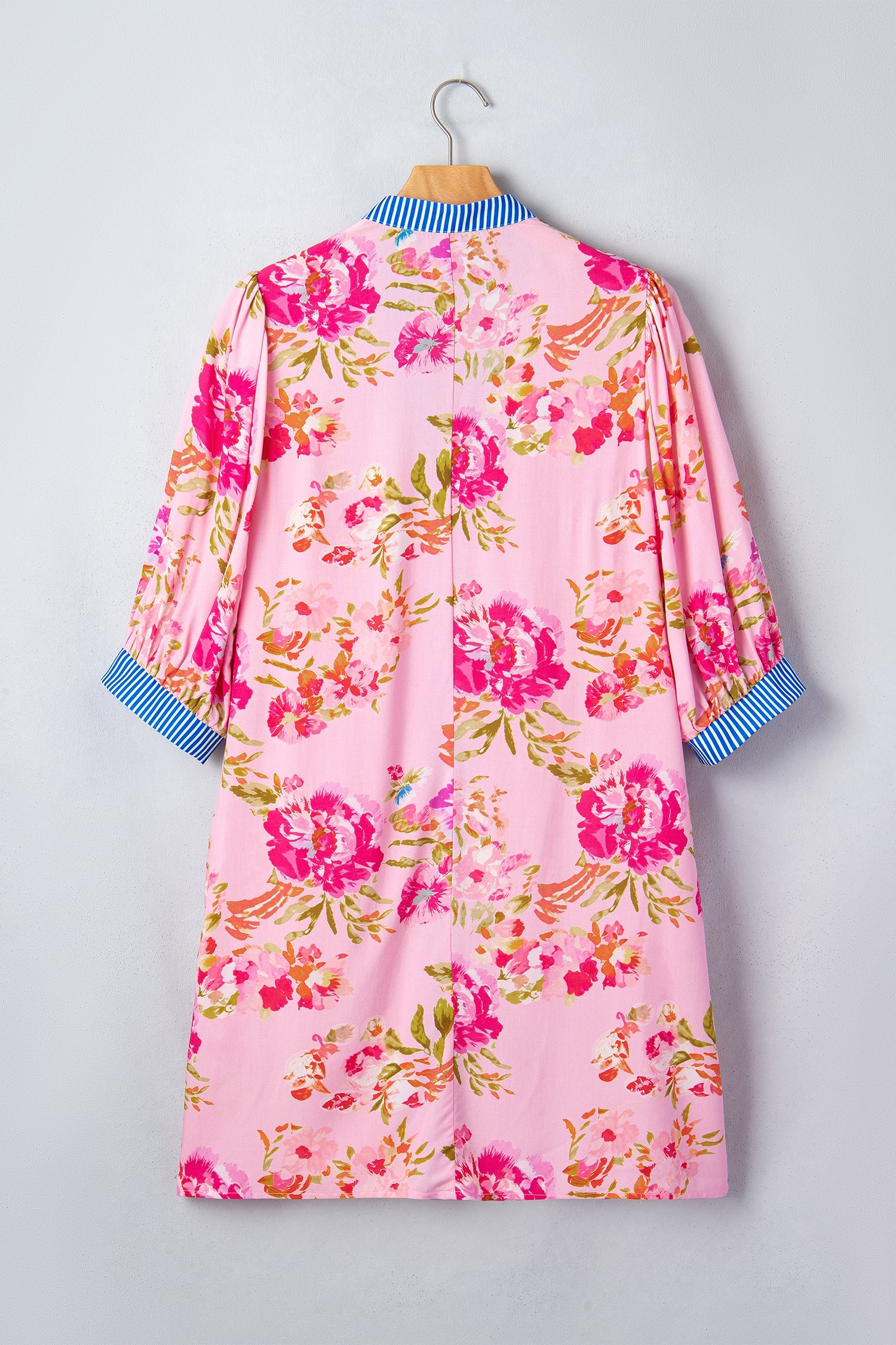 Floral Stripe Patchwork 3/4 Sleeve Mini Dress - Relaxed Fit
