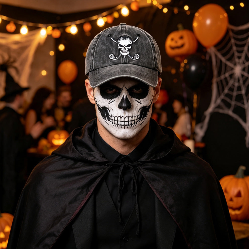 Halloween Golf Skull Embroidered Baseball Cap – Vintage Washed Distressed Hat