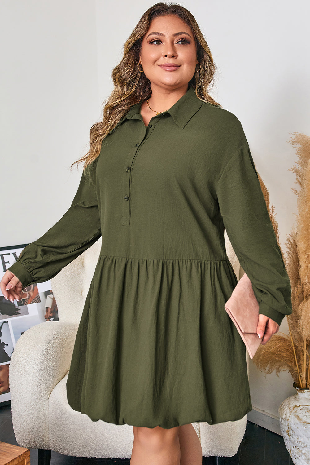 Plus Size Collared Half-Button Ruffle Hem Mini Dress