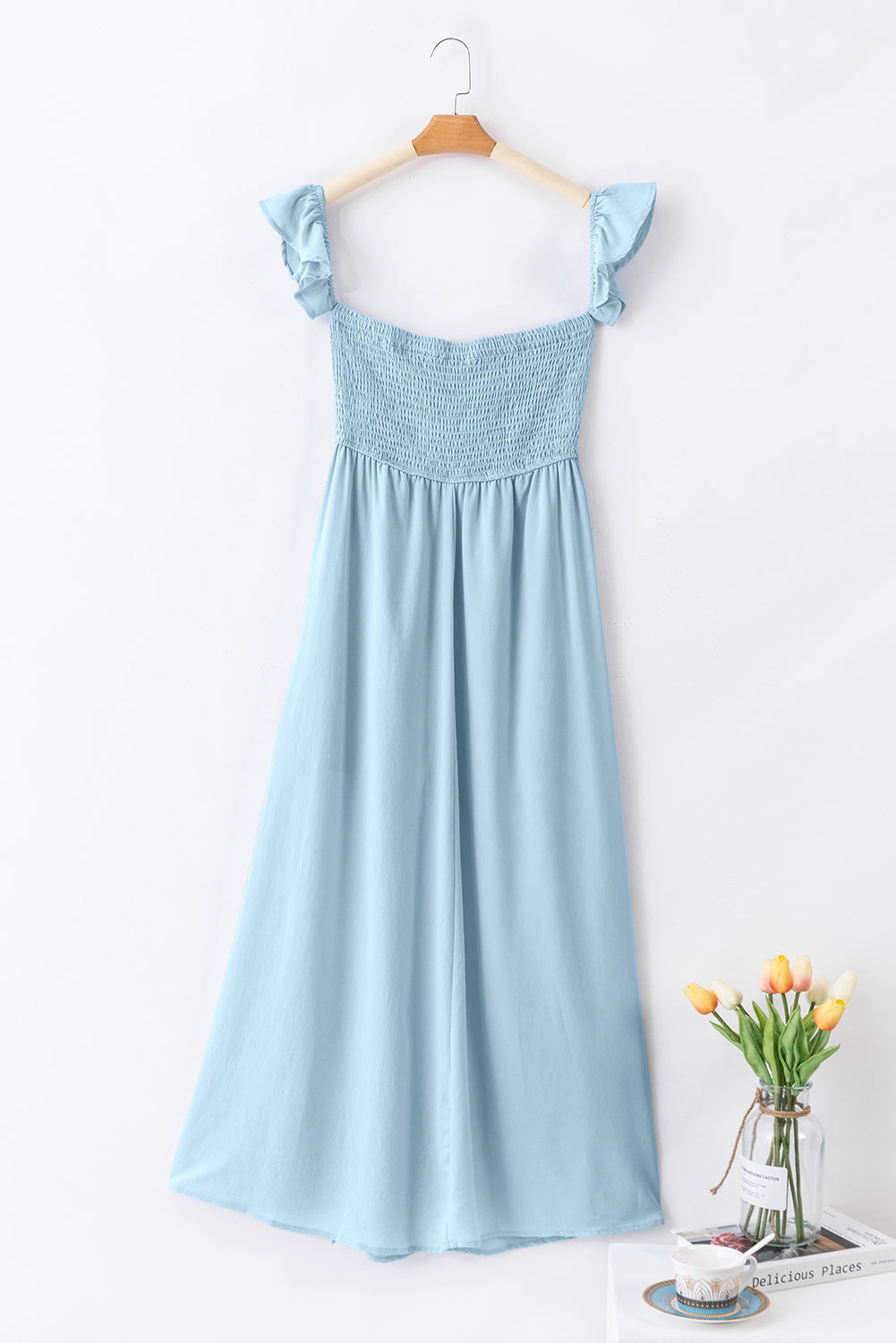 Off Shoulder Ruched Bust Sheer Slit Maxi Dress in Light Blue