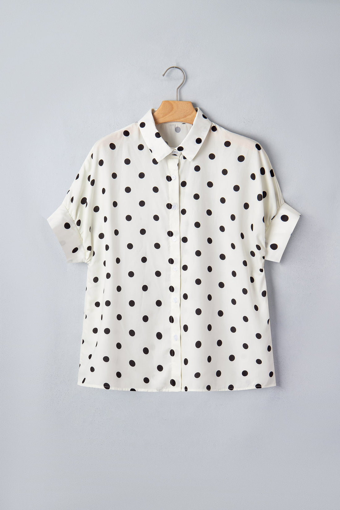Polka Dot Loose Dolman Shirt with Rolled Cuffs and Tunic Length