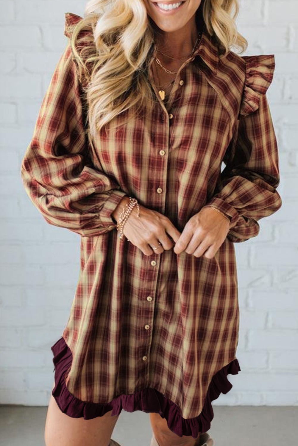 Red Plaid Ruffled Long Sleeve Mini Shirt Dress | Patchwork Hem