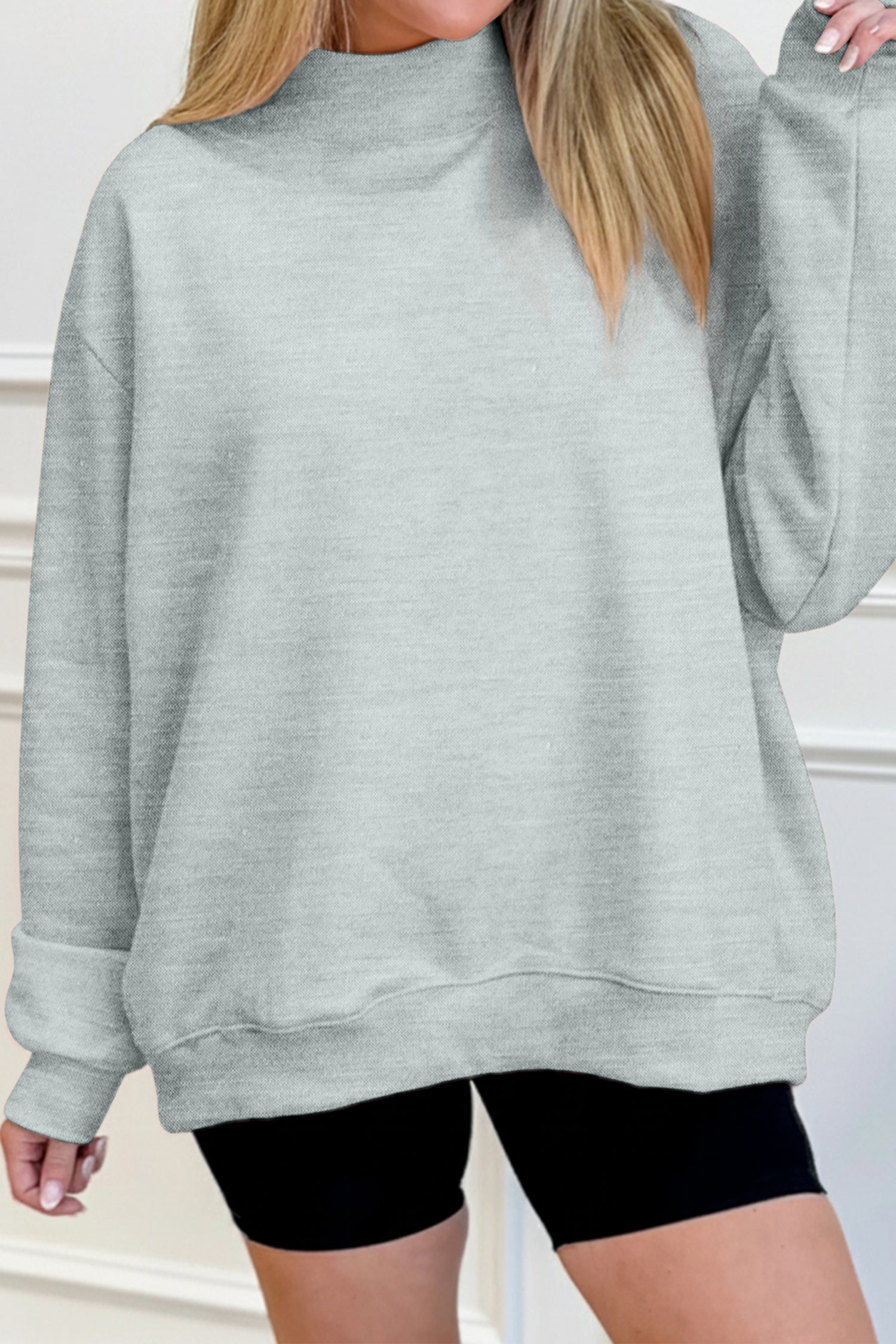 Dark Blue Solid Color Oversized Mock Neck Sweatshirt