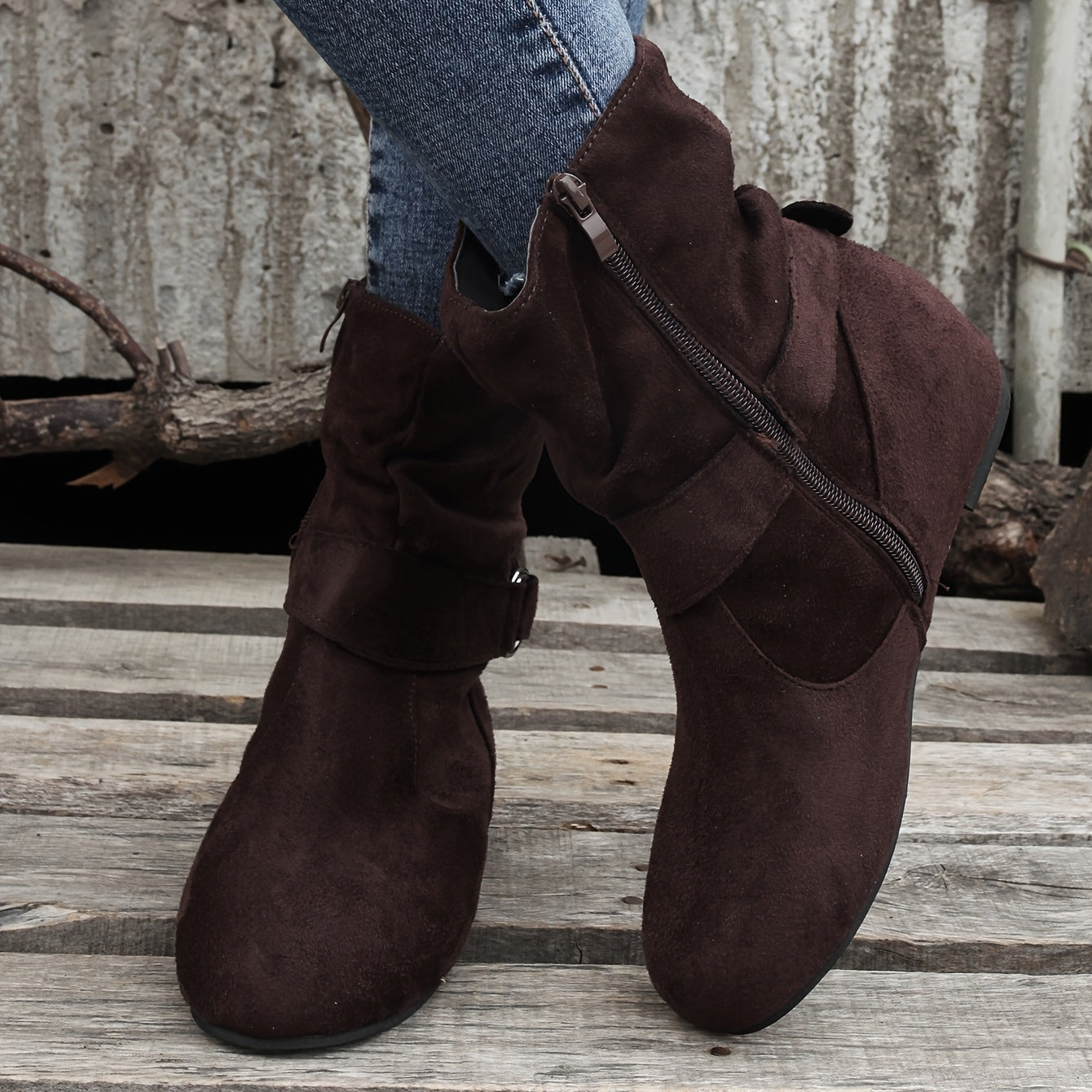 Women's Ankle Boots with Buckle Belt & Side Zip