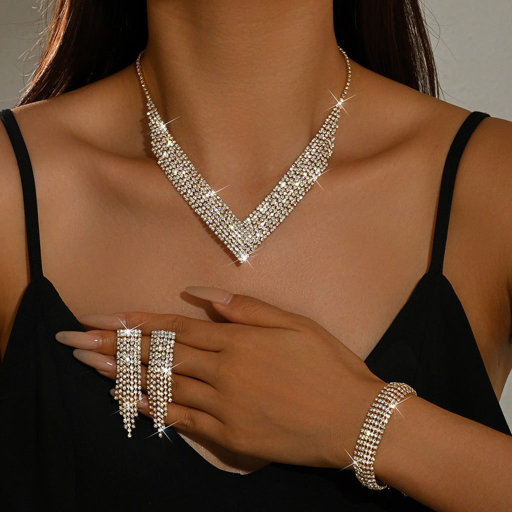 Women 3 Pcs Gold Tone V Shape Tassel Rhinestone Jewelry Set,Necklace Dangle Earrings Bracelet,Glam Bridal Costume Accessories For Wedding Banquet Party Occasion