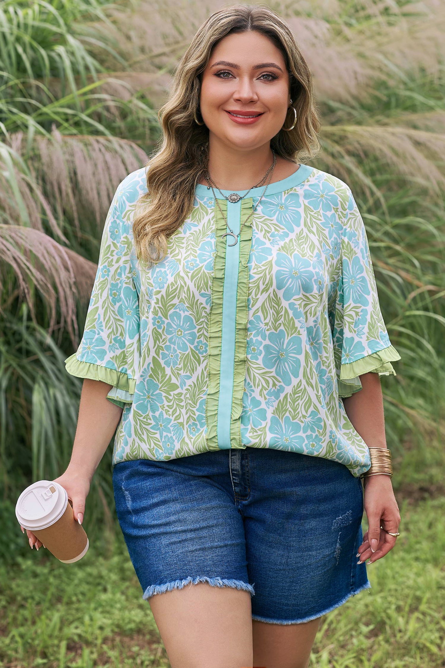 Elina Floral Short Sleeve Blouse with Ruffled Trim and Color Block