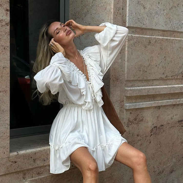 V-Neck Pleated Ruffle Dress Long Sleeve Flare Sleeve Short Dress