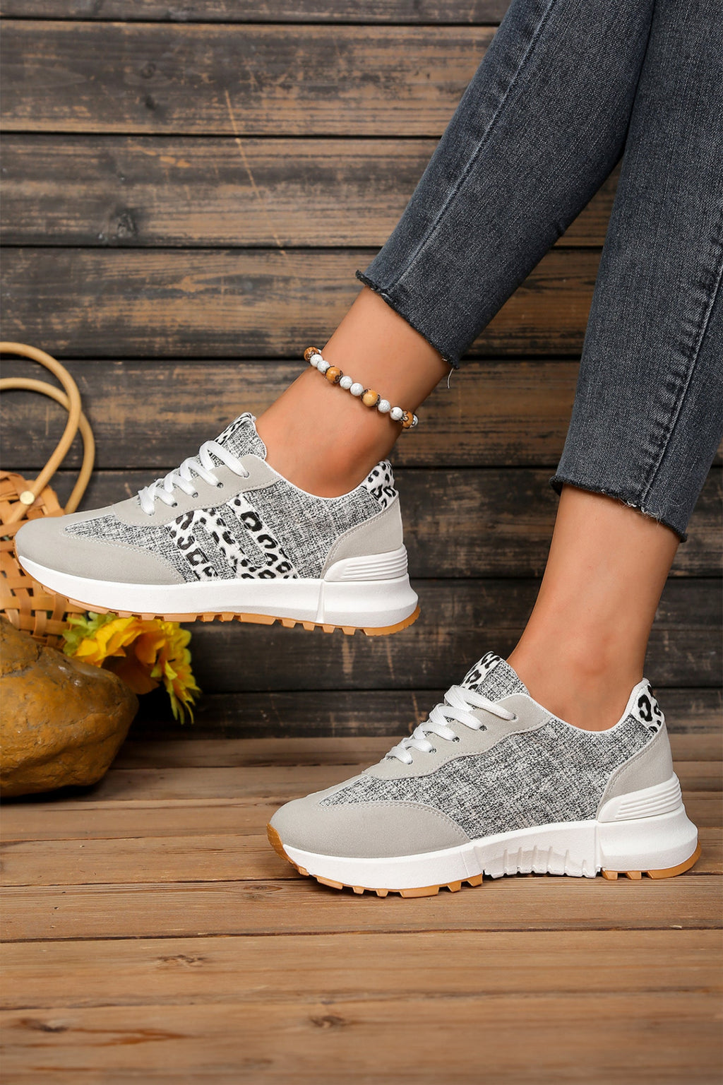 Rosalia Women's Retro Lace-Up Sneakers with Leopard Patchwork