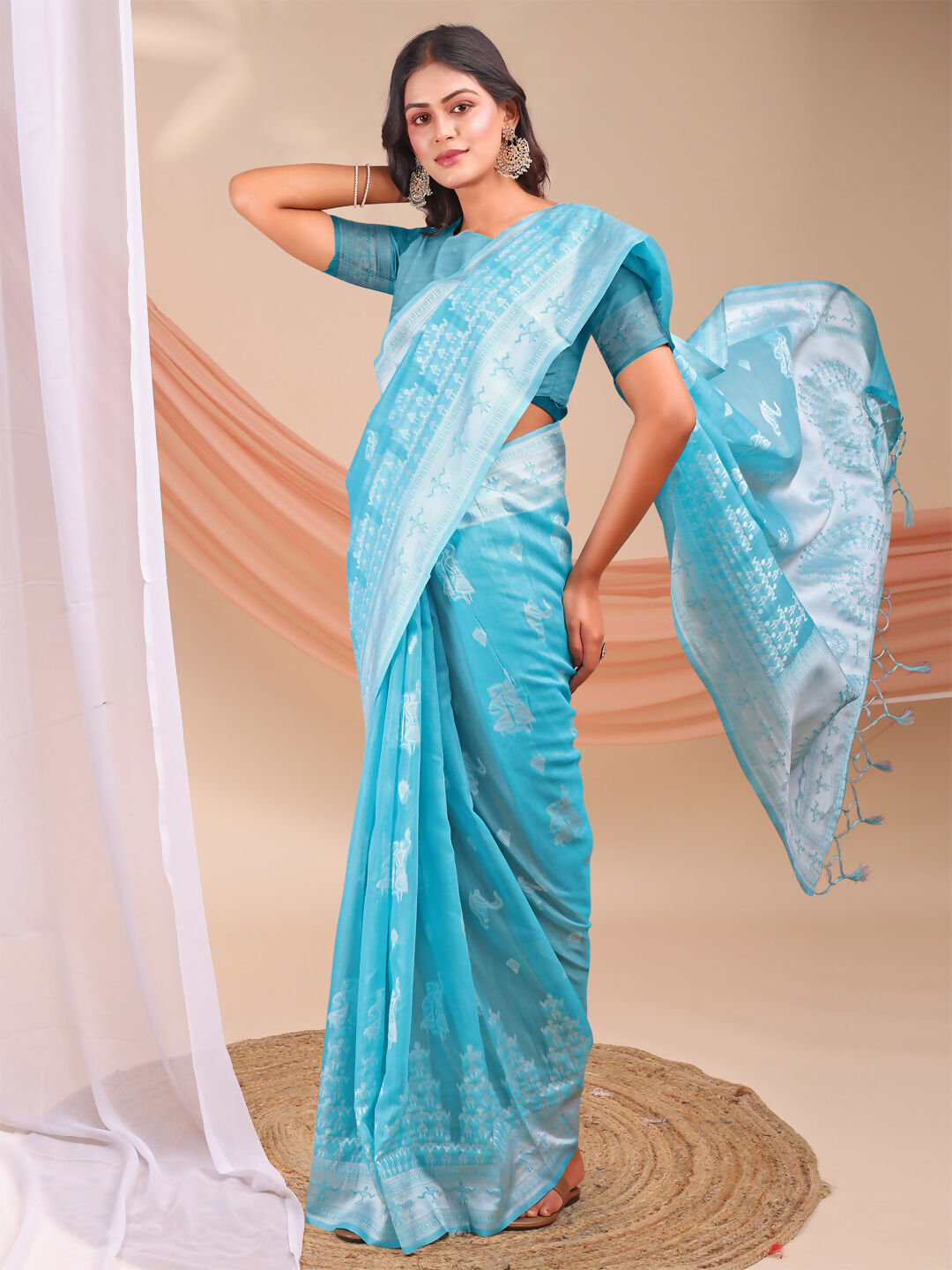 Varnika Sky Blue Linen Cotton Saree with Blouse Piece