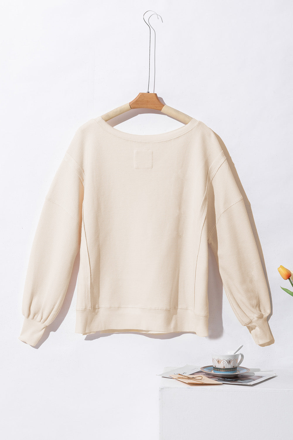 Waffle Knit Bishop Sleeve Side Split Top