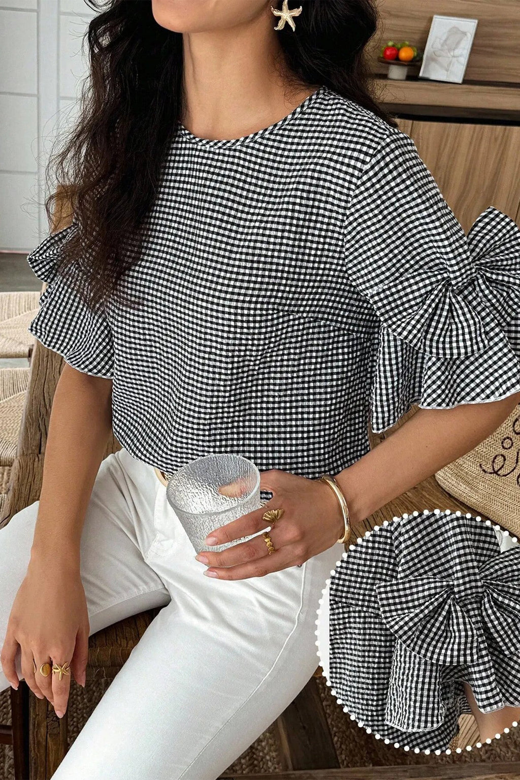 Carolina Ruffled Half Sleeve Blouse with Bow Detail and Plaid