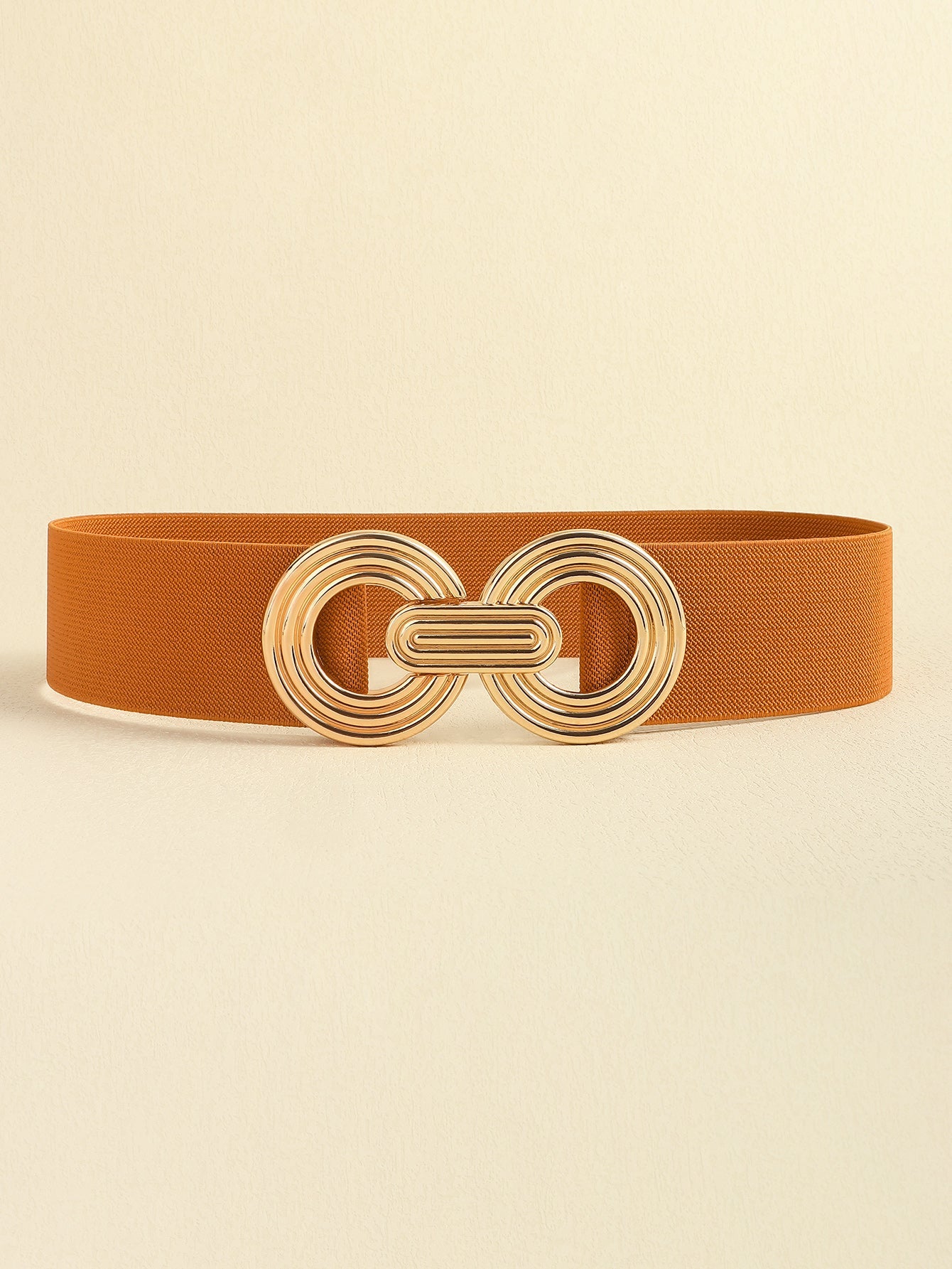 Geometric Buckle Elastic Wide Belt | Brown & Gold