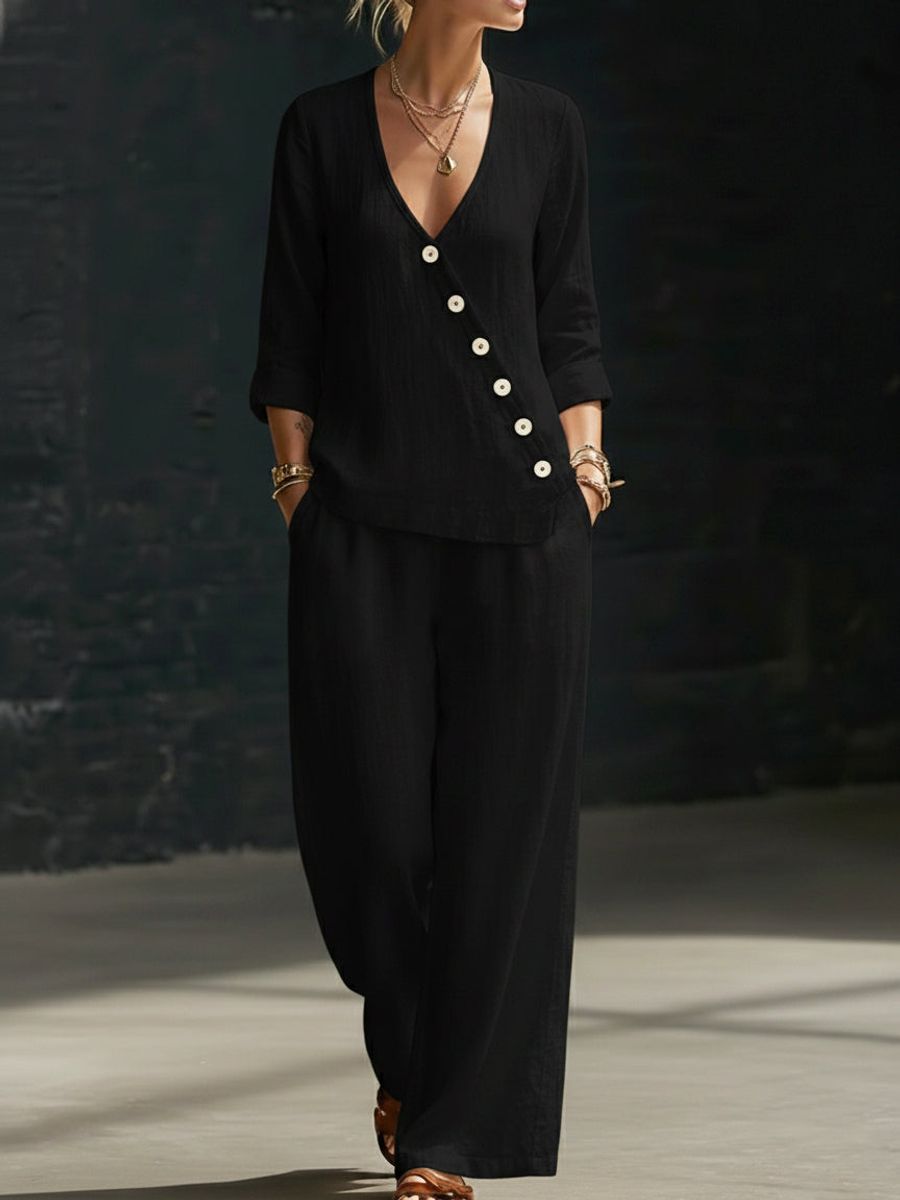 Women’s V-Neck Button-Detail Shirt and Wide-Leg Pants Set