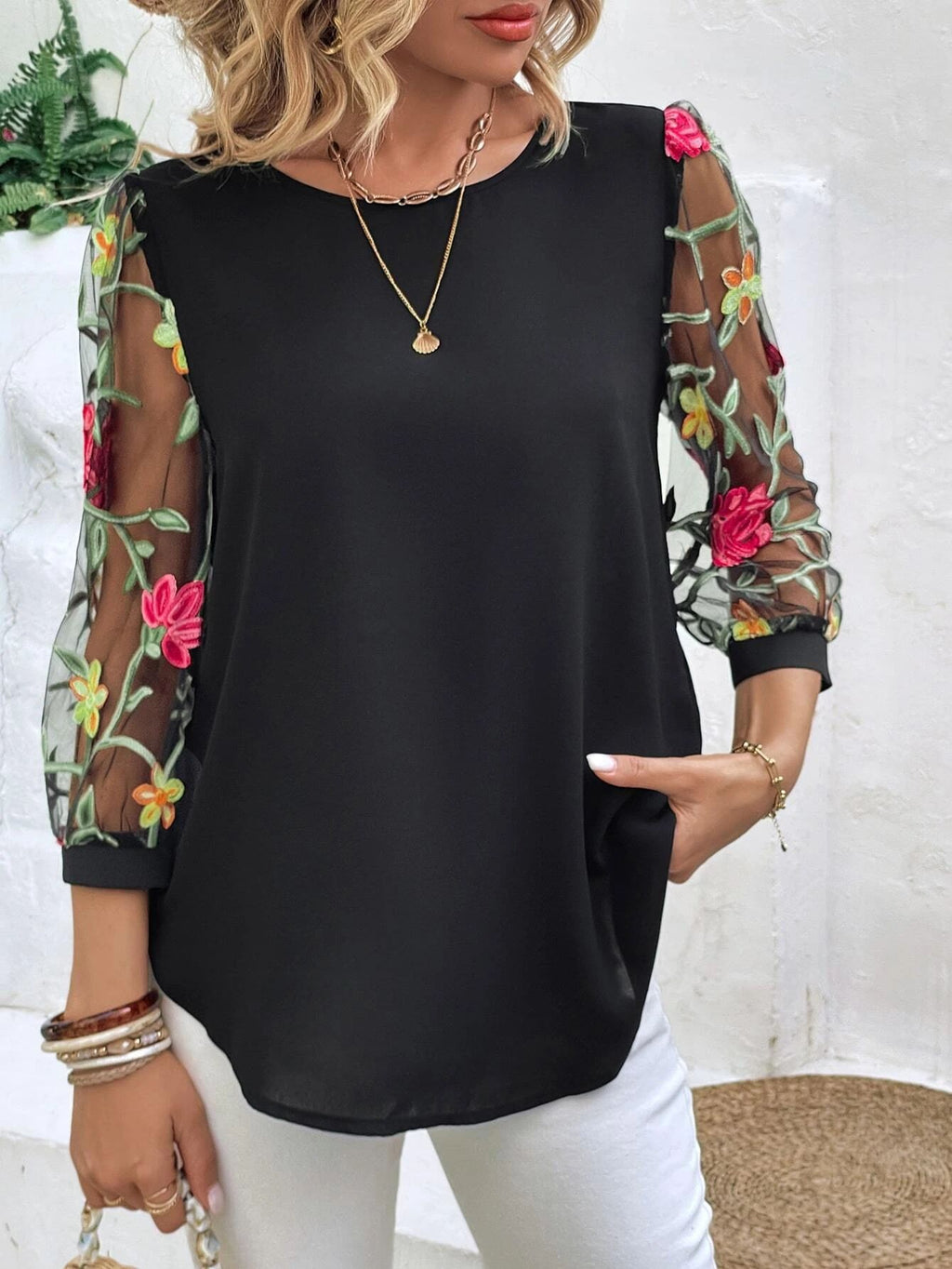Women's Floral Mesh Sleeve Patchwork Top in Black, Navy, and Red - Image 6