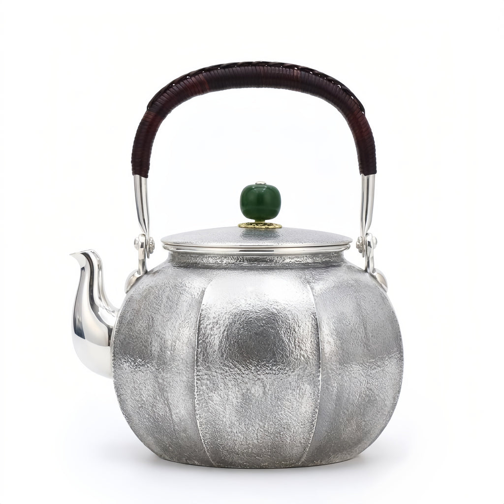 Pure 999 Fine Silver Handcrafted Hammered Silver Teapot with Jade Finial and Rattan Handle - Handicraft