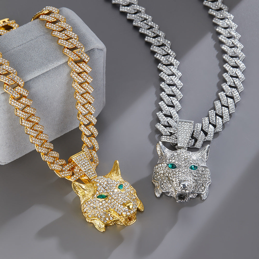 3D Animal Cat Pendant Zinc Alloy Full Diamond Enamel Hip-Hop Style Cuban Chain Necklace Lion Necklace