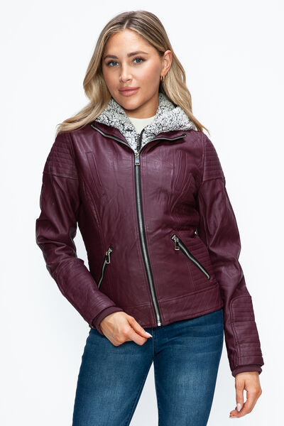 Dual-Zipper Layered Jacket with Fuzzy Hood in Burgundy and Grey
