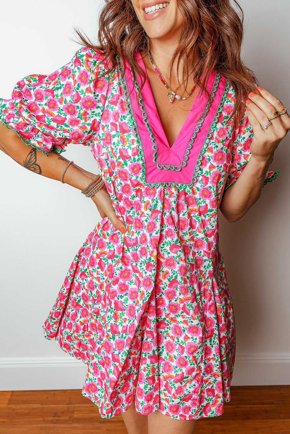 Floral Patchwork V-Neck Bubble Sleeve Mini Dress