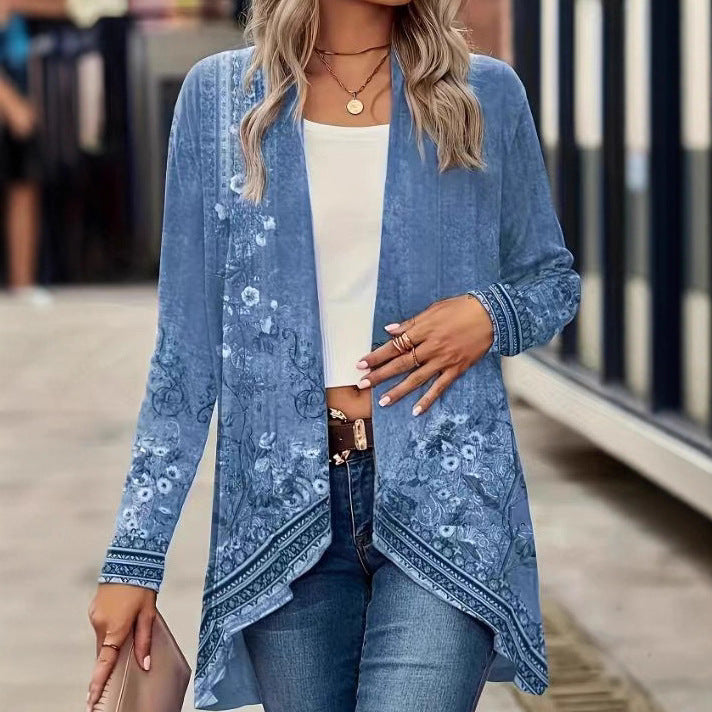 Women's Floral Print Open-Front Cardigan – Long Sleeve Boho Kimono Jacket