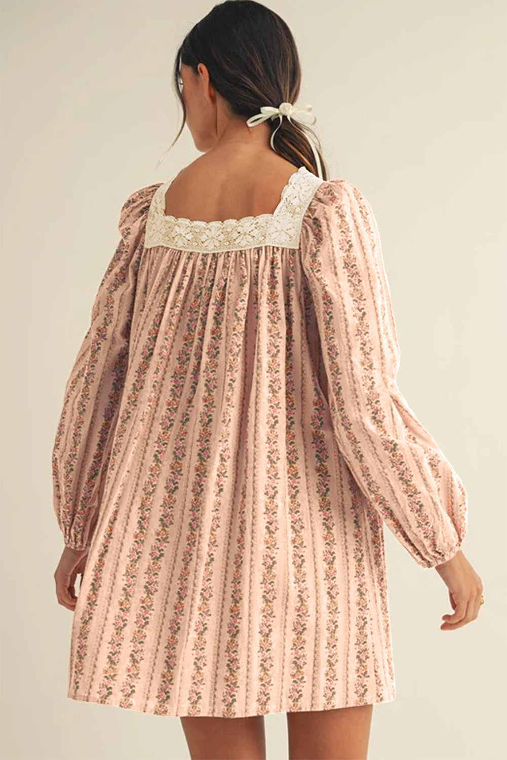 Khaki Floral Lace Velvet Bow Mini Dress | Long Sleeve Loose Fit