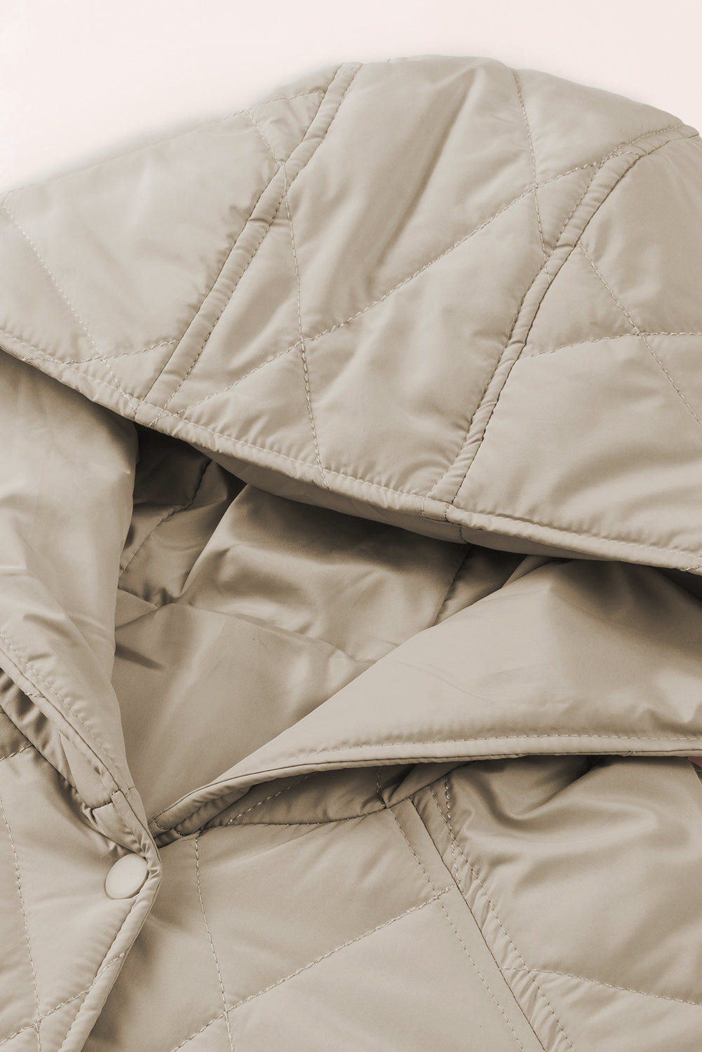 Women's Solid Quilted Snap Button Hooded Puffer Coat in Beige Khaki