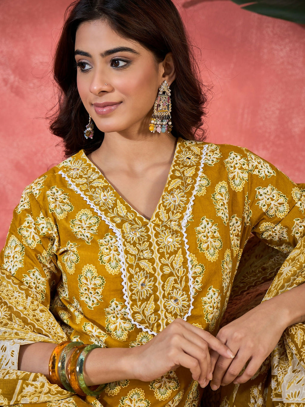Printed Mustard Pure Cotton Kurta Set for Women