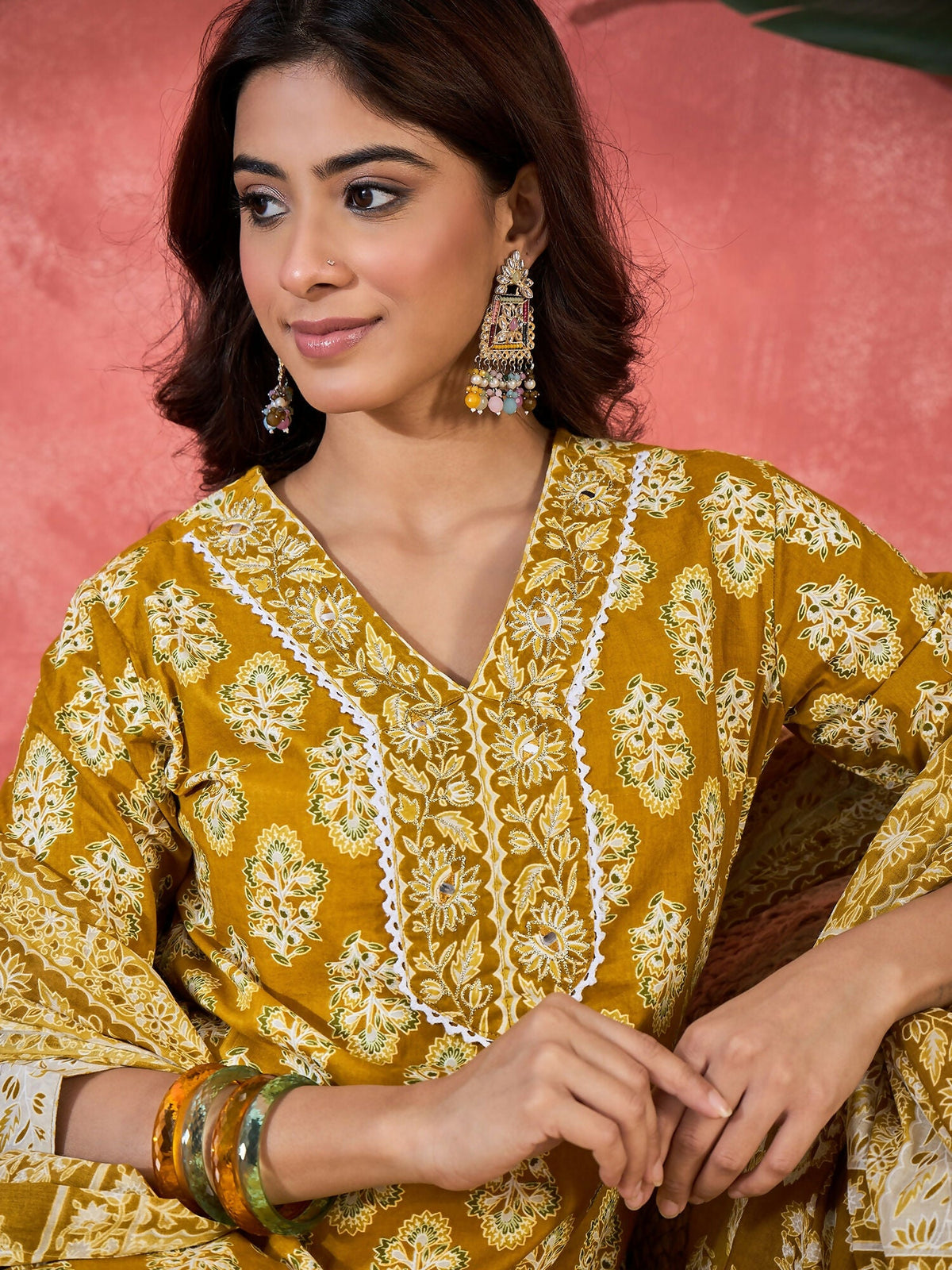 Printed Mustard Pure Cotton Kurta Set for Women
