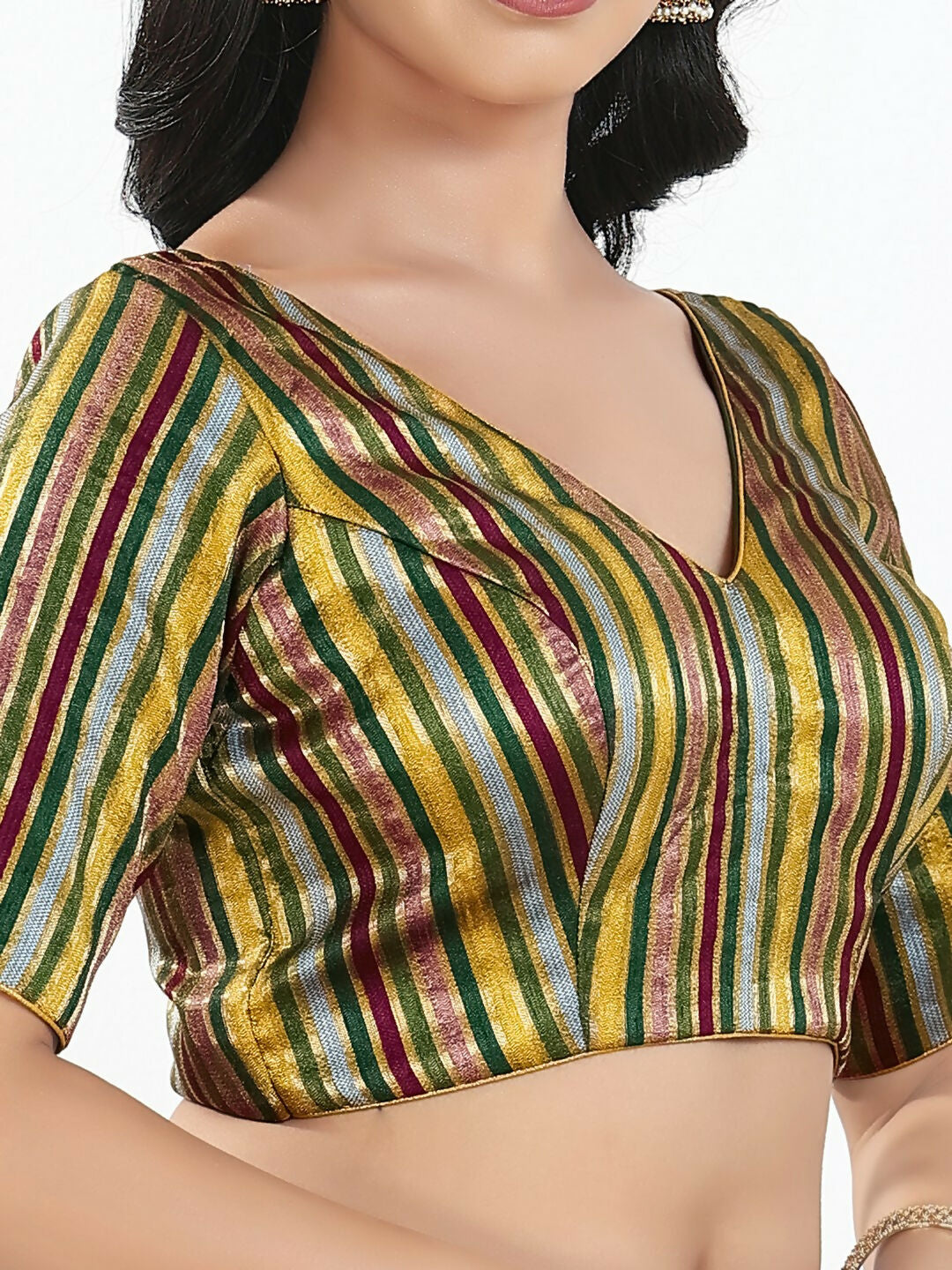 Joban Fashion Green Multi Brocade Padded Blouse With V Neck Elbow Sleeves