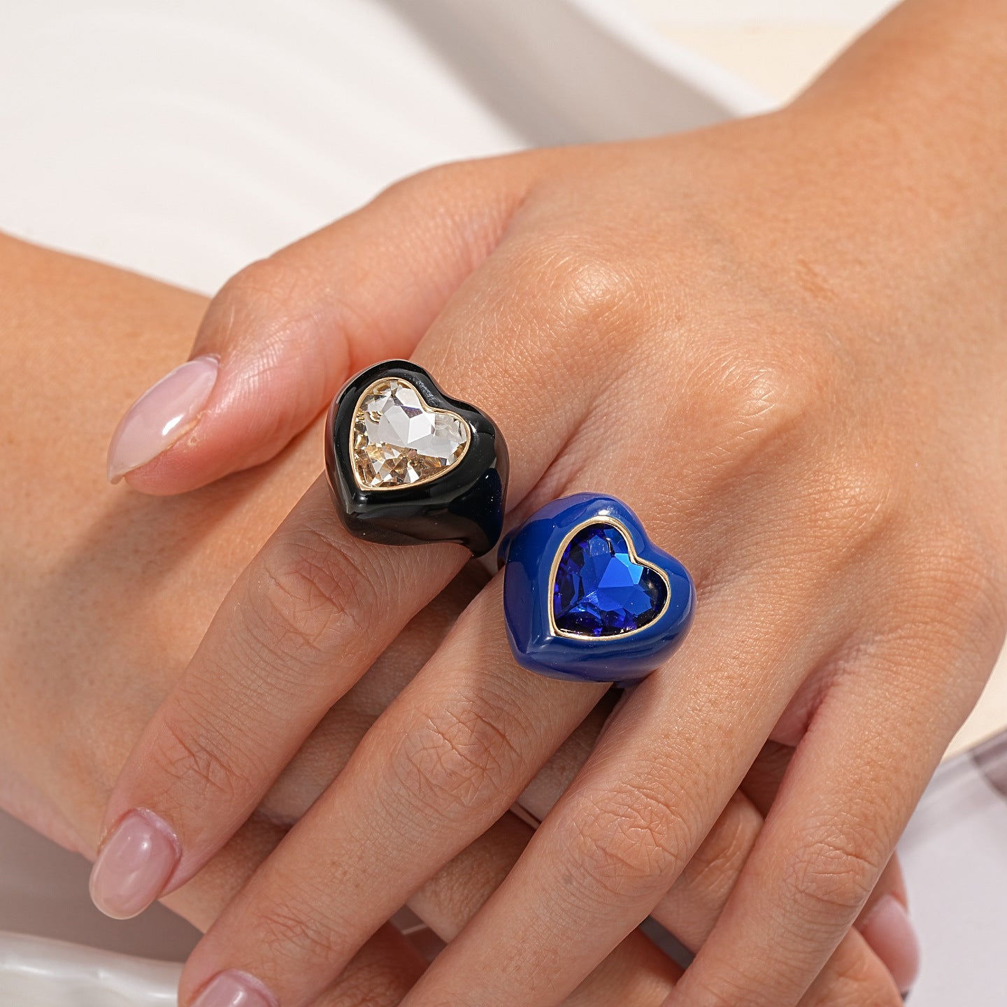 Women Heart Open Adjustable Ring,European American Enamel Inlaid Rhinestone Ring,Simple Elegant Niche Fashion Index Finger Hand Jewelry