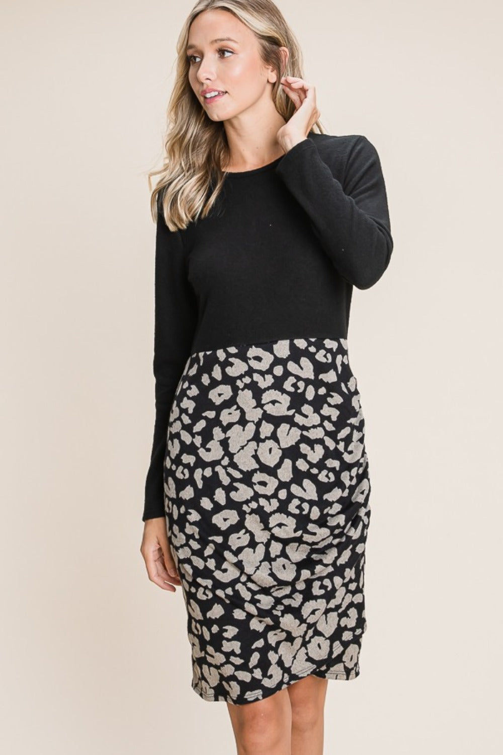 Leopard Color Block Knit Dress with Long Sleeves