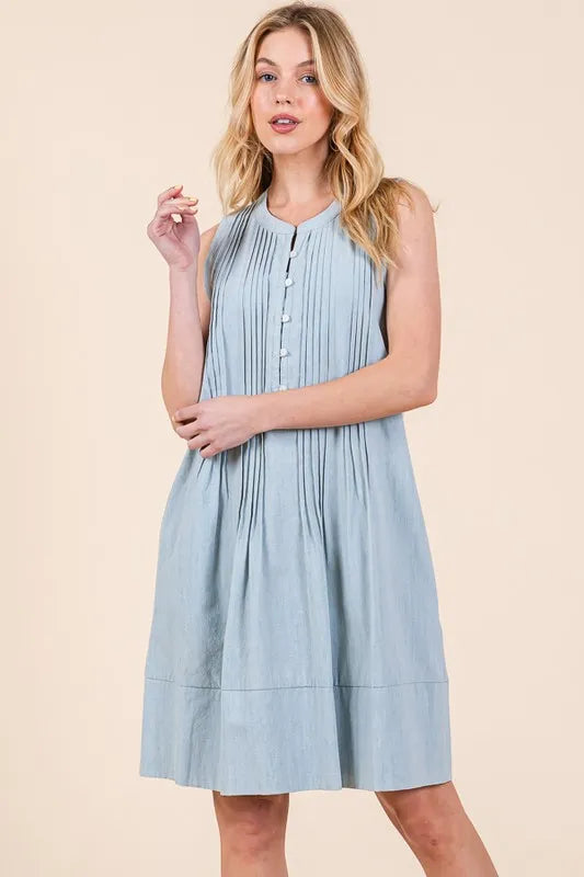 Lime 'N' Chili Denim Pintuck Detail Sleeveless Midi Dress