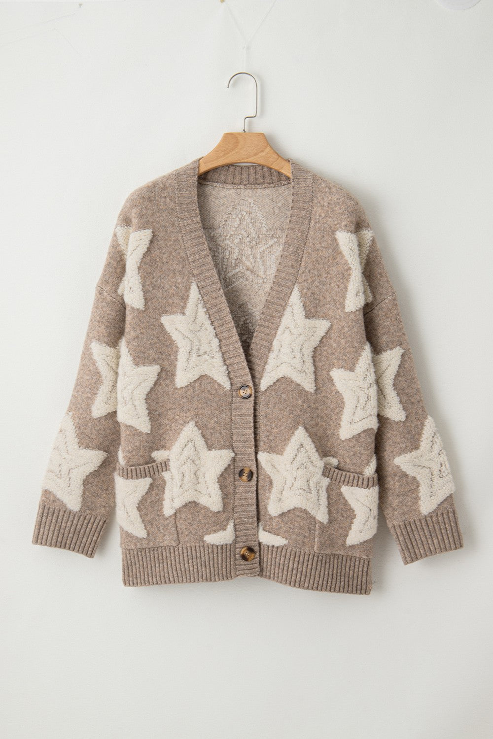Women's Star Pattern Button-Up Cardigan in Taupe and Cream - Image 7