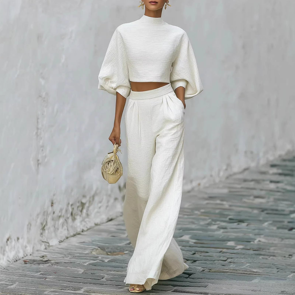 Women's Cropped Short Top & High-Waisted Wide Leg Pant Set - Image 2
