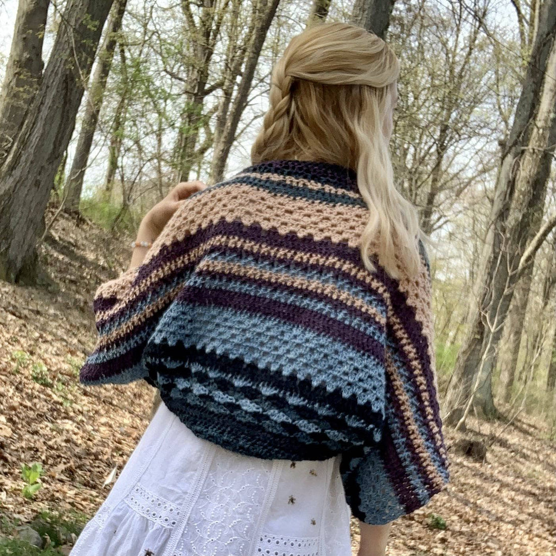 Close up of the Ebb and Flow Herbal Dyed Silk Shrug featuring intricate crochet texture