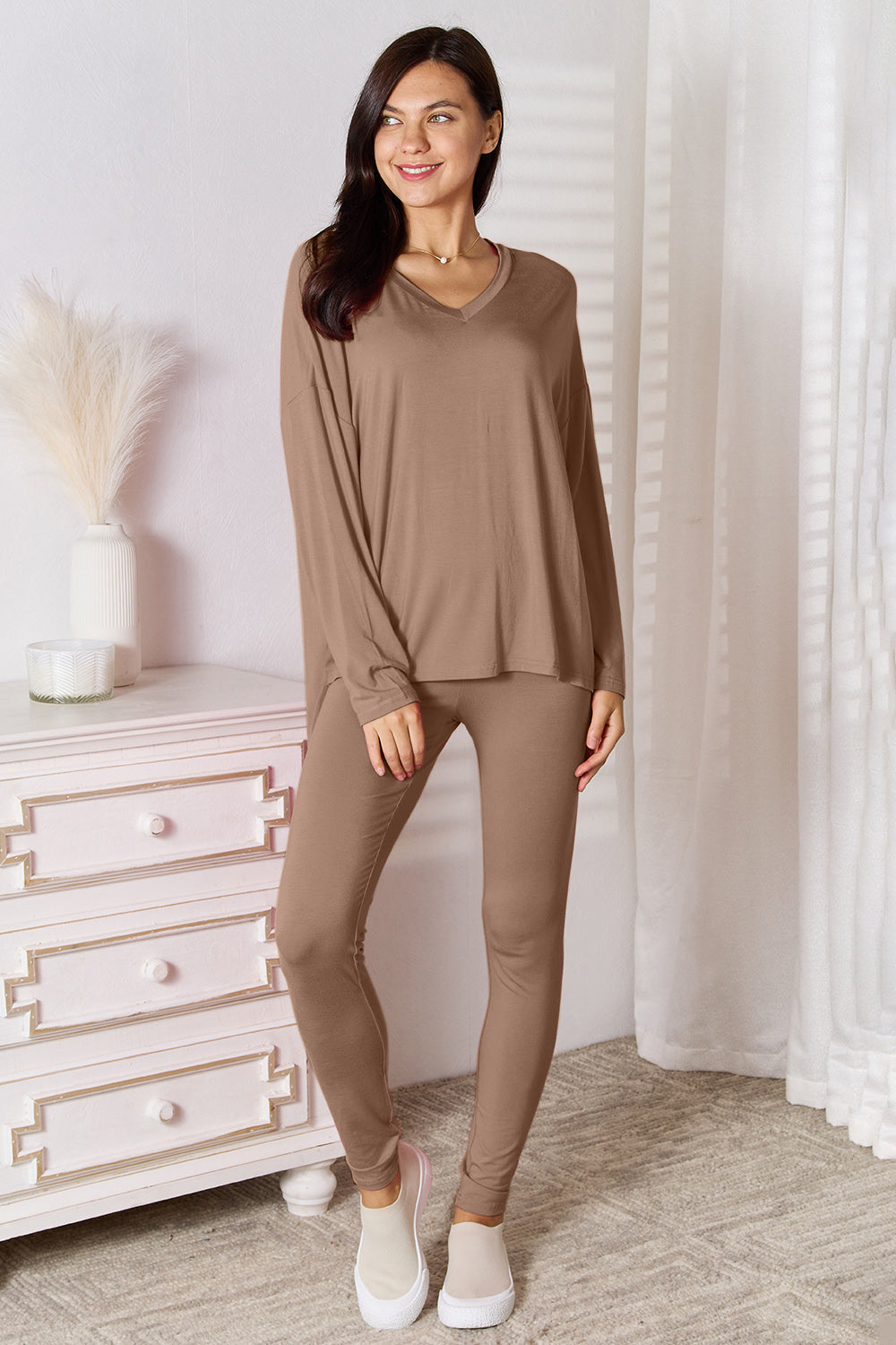 Women's V-Neck Long Sleeve Lounge Set in Soft Rayon Knit
