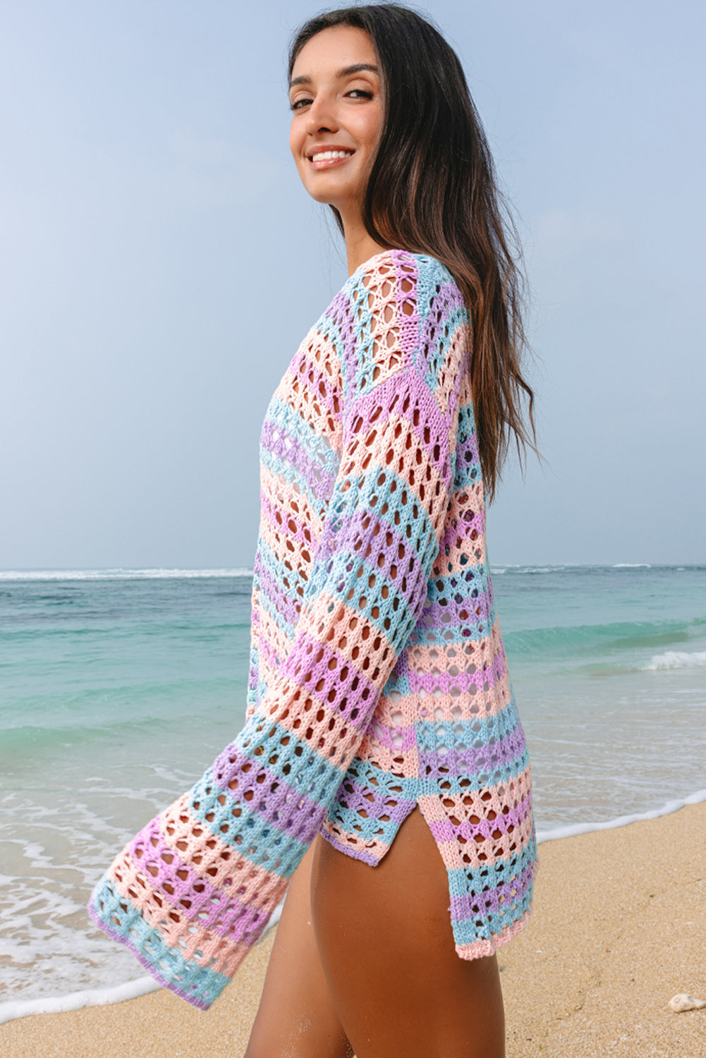 Beau Blue Multi Stripe Open Knit Beach Cover Up Sweater