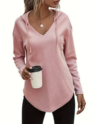 V-Neck Pullover Hoodie with Drawstring Detail in Knit