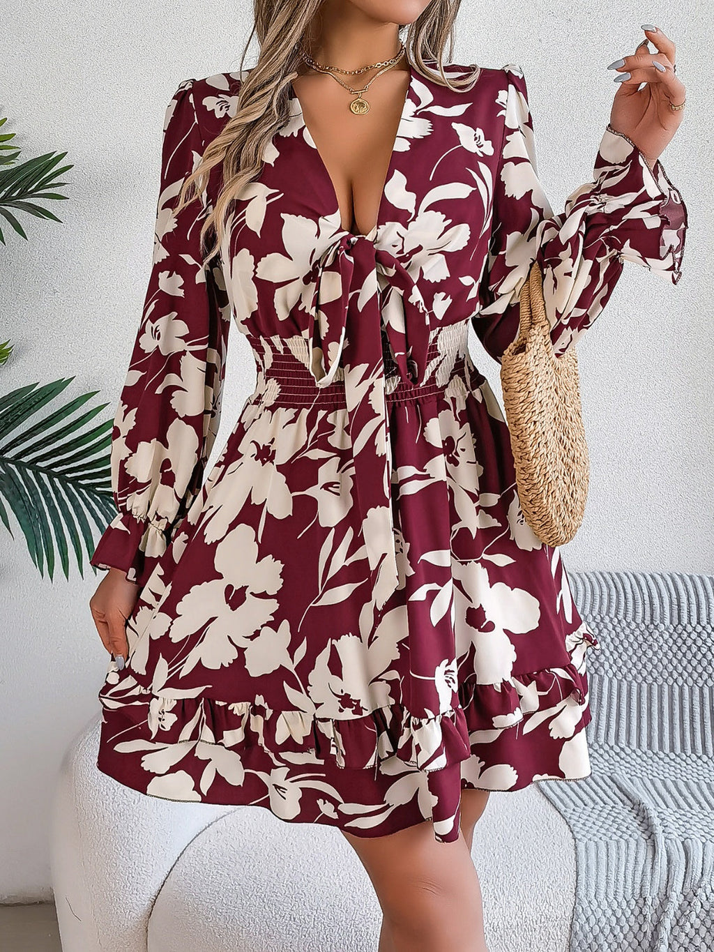 Floral Ruffled Long Sleeve Midi Dress in Lilac Maroon Green Cream