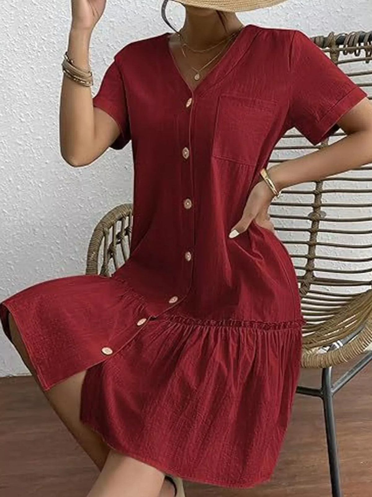 Full Size Button-Front Short Sleeve Tiered Dress Plus Size