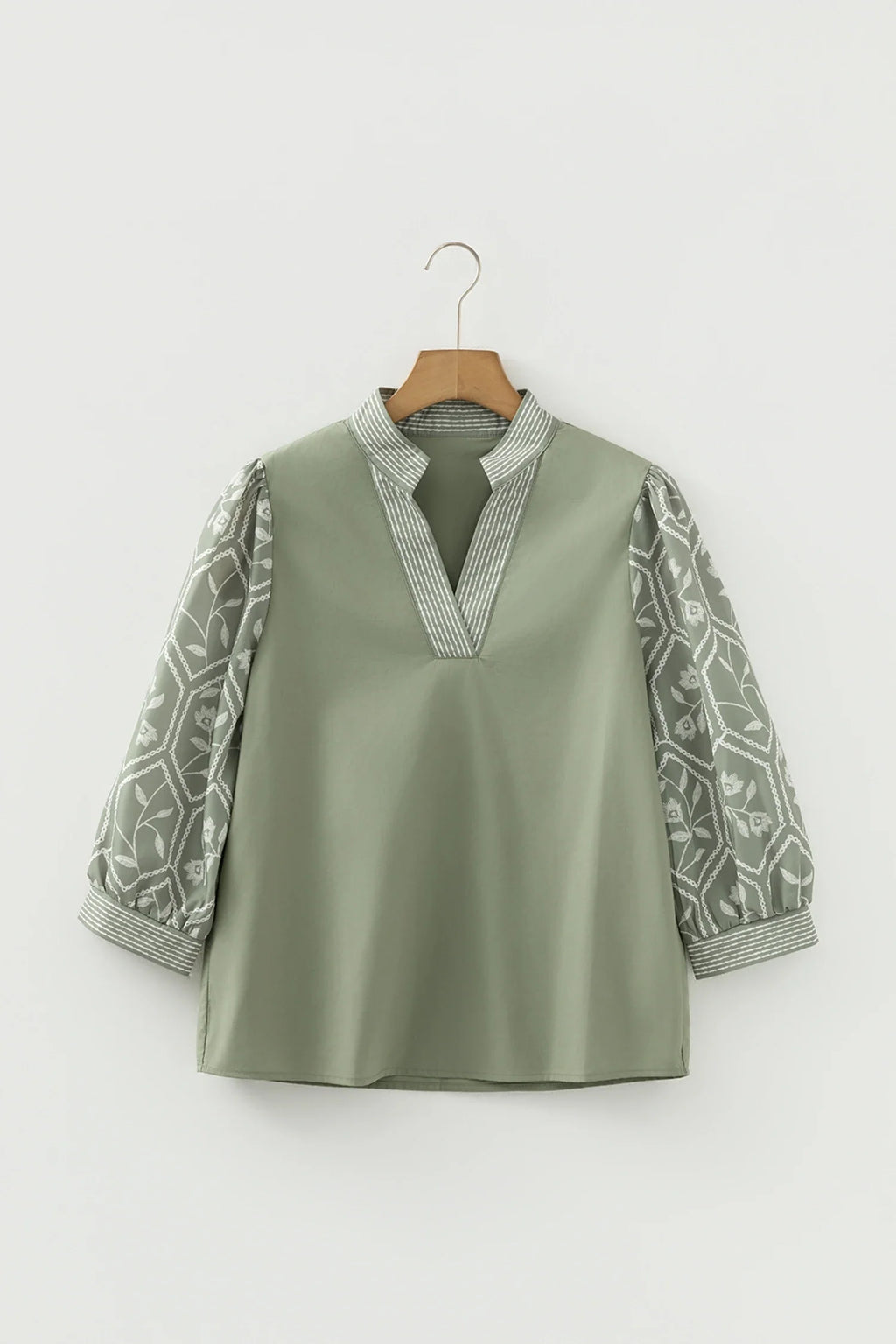 Women's Floral Puff Sleeve Blouse - Contrast V-Neck