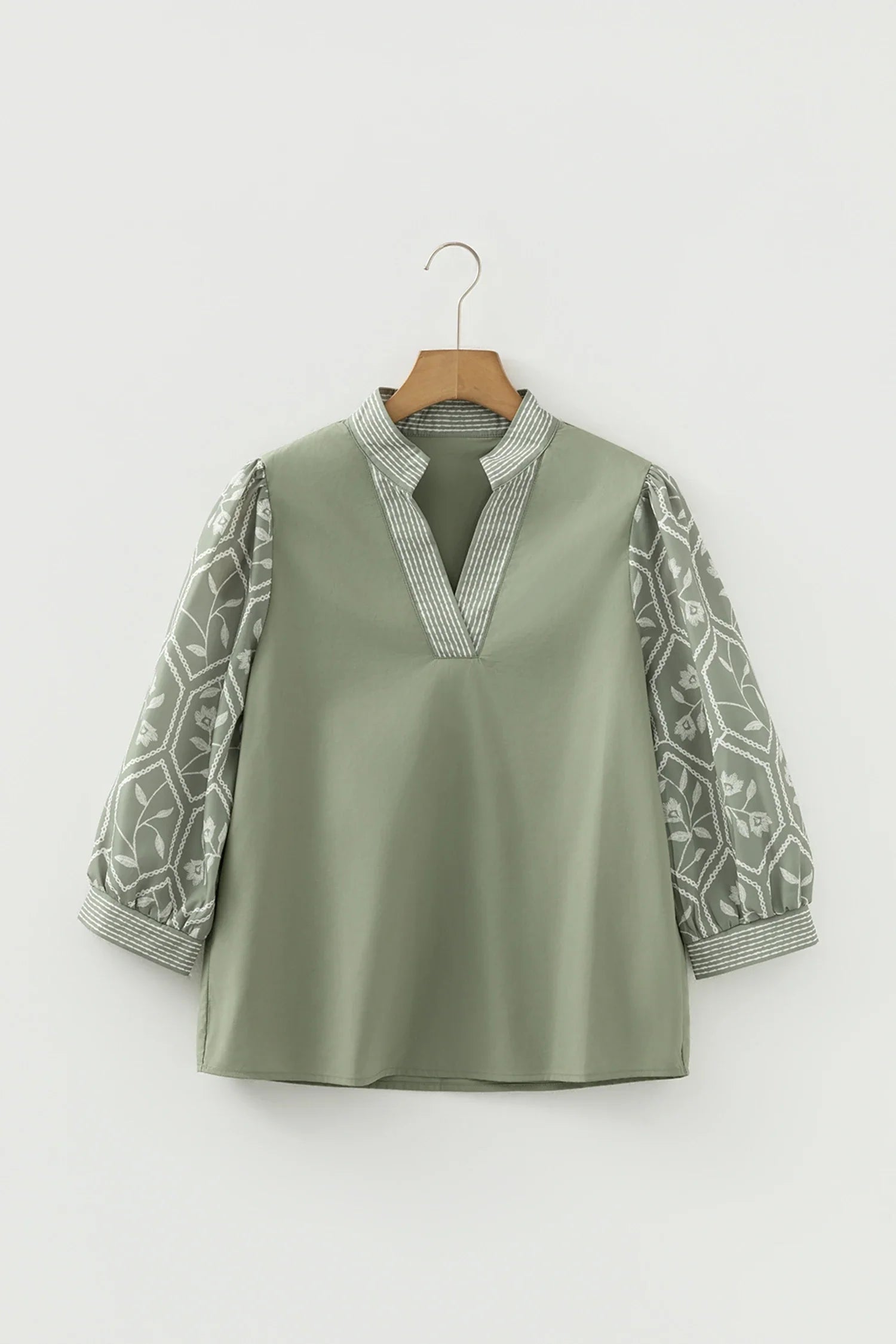 Women's Floral Puff Sleeve Blouse - Contrast V-Neck