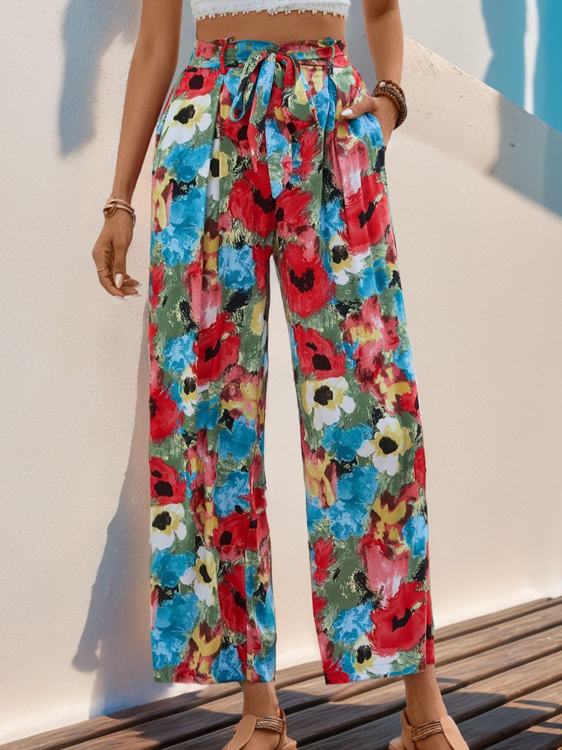Women's Floral Print Wide Leg Tied Waist Pants - Image 5