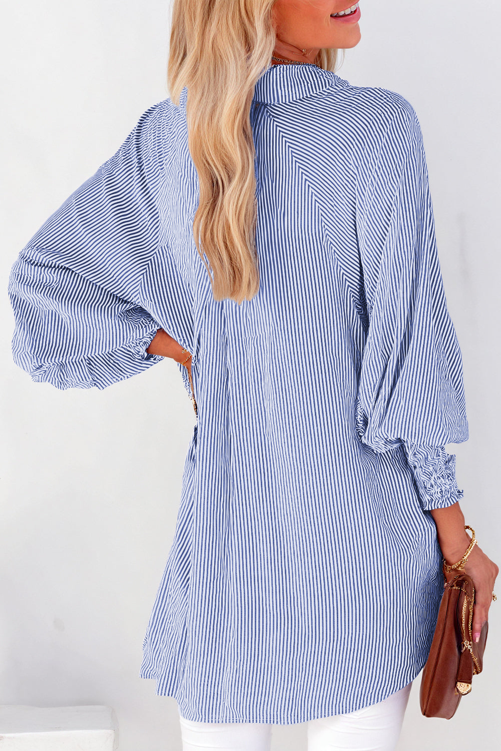 Blue Striped Casual Shirt with Shirred Cuffs | Polyester