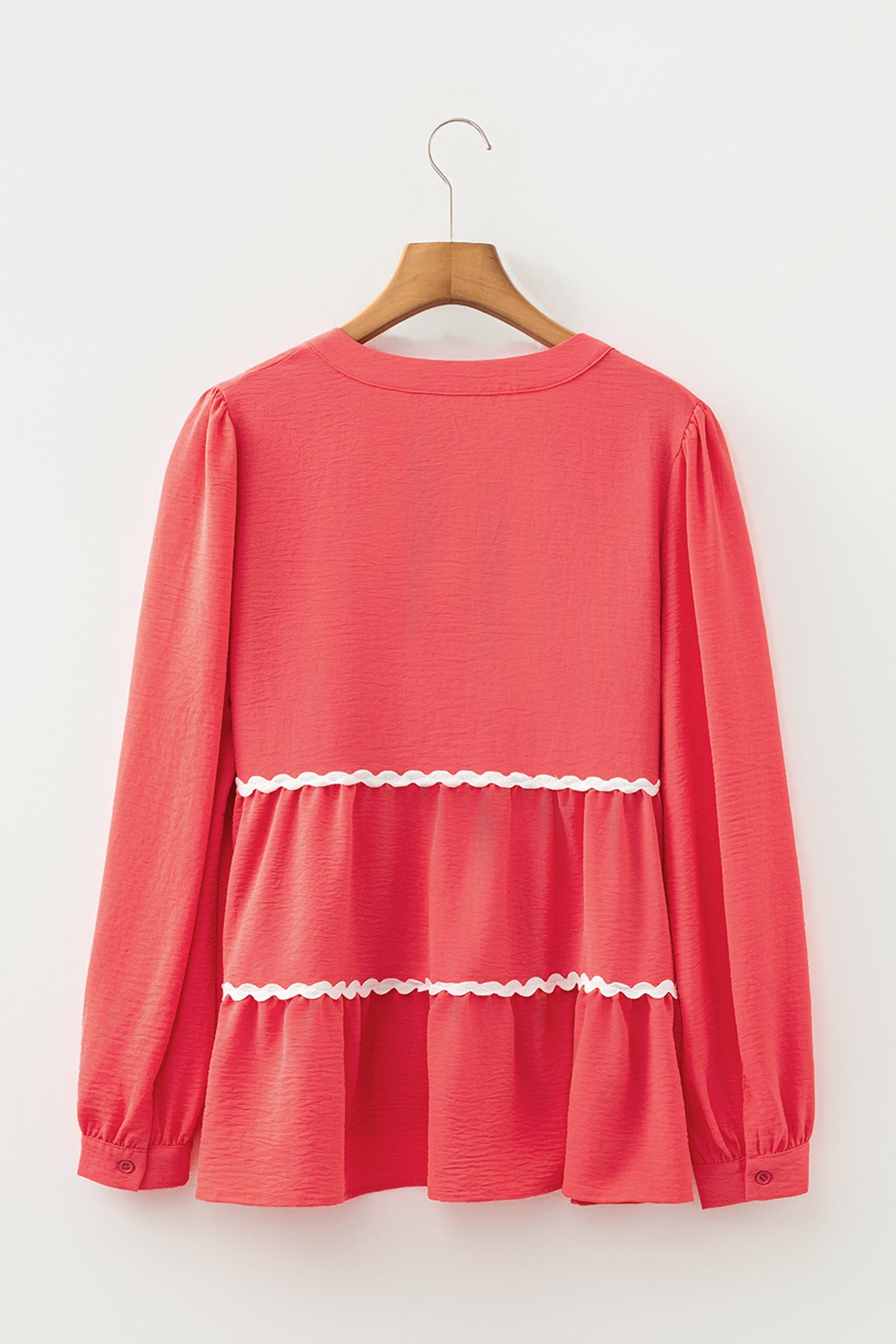 Contrast Ricrac Trim V-Neck Button Down Shirt Long Sleeve