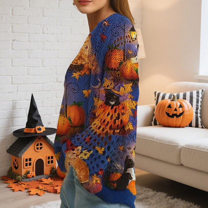 Women’s Halloween Pumpkin Print Batwing Sweater Loose Knit Top