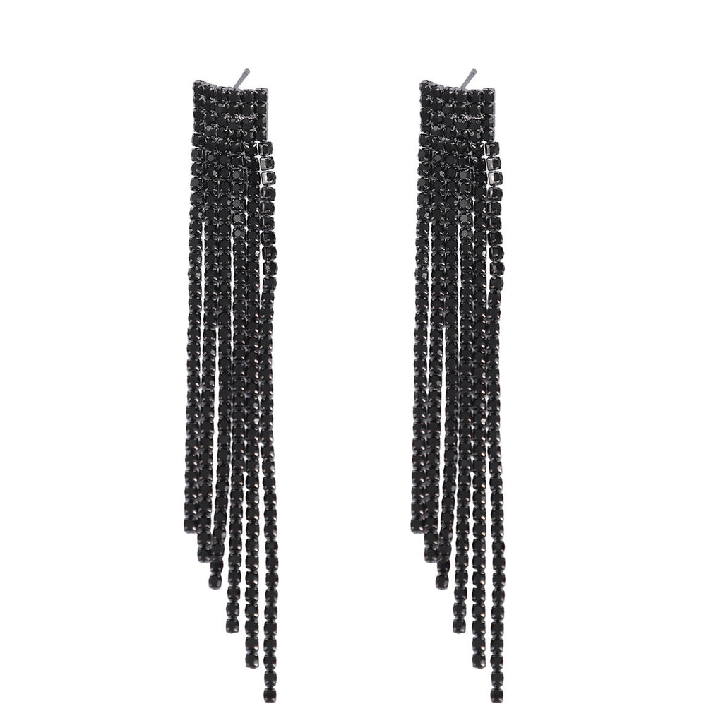 European And American Fashion Exaggerated Tassel Diamond-Encrusted Personalized Women's Earrings Dinner Accessories Simple Tassel Full Diamond Claw Chain Earrings