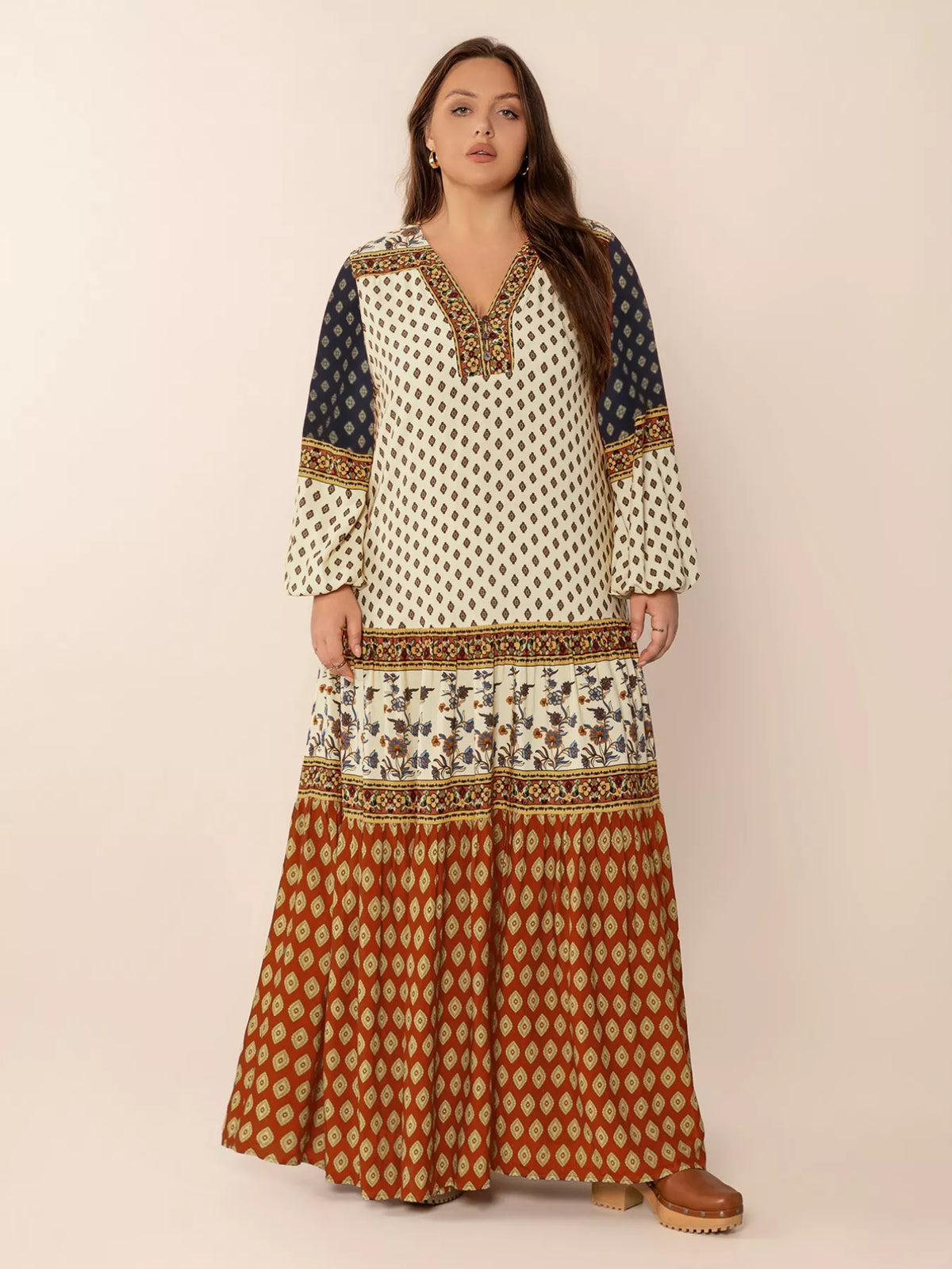 Plus Size Notched Balloon Sleeve Maxi Dress
